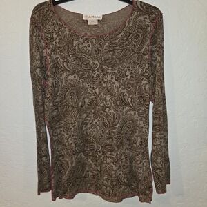 ARIAT Large Brown Paisley Long sleeve Pullover sheer WOMENS Shirt Top pink trim